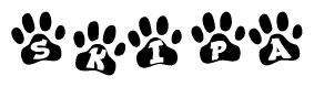 The image shows a row of animal paw prints, each containing a letter. The letters spell out the word Skipa within the paw prints.
