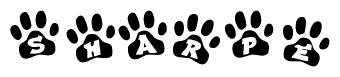 The image shows a series of animal paw prints arranged in a horizontal line. Each paw print contains a letter, and together they spell out the word Sharpe.