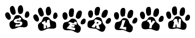 The image shows a series of animal paw prints arranged in a horizontal line. Each paw print contains a letter, and together they spell out the word Sherlyn.
