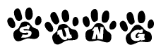 The image shows a row of animal paw prints, each containing a letter. The letters spell out the word Sung within the paw prints.