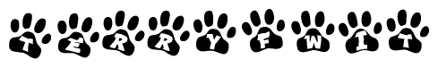 The image shows a row of animal paw prints, each containing a letter. The letters spell out the word Terryfwit within the paw prints.