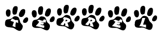 The image shows a series of animal paw prints arranged horizontally. Within each paw print, there's a letter; together they spell Terrel
