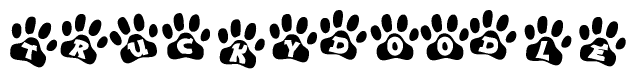 The image shows a series of animal paw prints arranged in a horizontal line. Each paw print contains a letter, and together they spell out the word Truckydoodle.