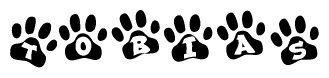 The image shows a series of animal paw prints arranged in a horizontal line. Each paw print contains a letter, and together they spell out the word Tobias.