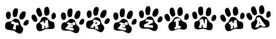 The image shows a series of animal paw prints arranged horizontally. Within each paw print, there's a letter; together they spell Therezinha