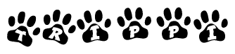 The image shows a row of animal paw prints, each containing a letter. The letters spell out the word Trippi within the paw prints.