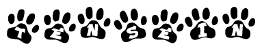 The image shows a series of animal paw prints arranged in a horizontal line. Each paw print contains a letter, and together they spell out the word Tensein.