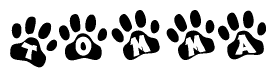 The image shows a series of animal paw prints arranged in a horizontal line. Each paw print contains a letter, and together they spell out the word Tomma.
