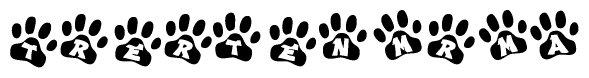 The image shows a row of animal paw prints, each containing a letter. The letters spell out the word Trertenmrma within the paw prints.