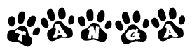 The image shows a row of animal paw prints, each containing a letter. The letters spell out the word Tanga within the paw prints.