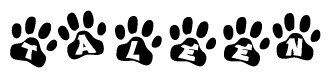 The image shows a series of animal paw prints arranged in a horizontal line. Each paw print contains a letter, and together they spell out the word Taleen.