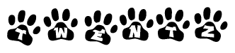 The image shows a series of animal paw prints arranged horizontally. Within each paw print, there's a letter; together they spell Twentz
