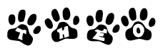 The image shows a series of animal paw prints arranged in a horizontal line. Each paw print contains a letter, and together they spell out the word Theo.