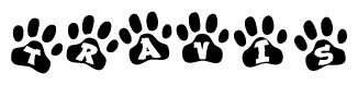 The image shows a series of animal paw prints arranged in a horizontal line. Each paw print contains a letter, and together they spell out the word Travis.