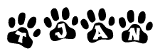 The image shows a series of animal paw prints arranged horizontally. Within each paw print, there's a letter; together they spell Tjan
