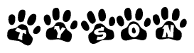 The image shows a series of animal paw prints arranged in a horizontal line. Each paw print contains a letter, and together they spell out the word Tyson.