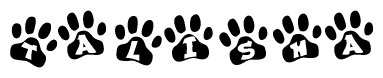 The image shows a series of animal paw prints arranged in a horizontal line. Each paw print contains a letter, and together they spell out the word Talisha.