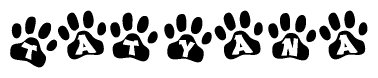 The image shows a series of animal paw prints arranged horizontally. Within each paw print, there's a letter; together they spell Tatyana