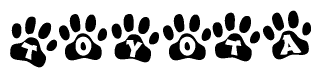 The image shows a series of animal paw prints arranged horizontally. Within each paw print, there's a letter; together they spell Toyota
