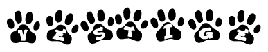 The image shows a series of animal paw prints arranged in a horizontal line. Each paw print contains a letter, and together they spell out the word Vestige.