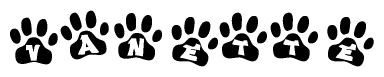 The image shows a series of animal paw prints arranged in a horizontal line. Each paw print contains a letter, and together they spell out the word Vanette.