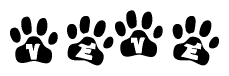 The image shows a series of animal paw prints arranged horizontally. Within each paw print, there's a letter; together they spell Veve