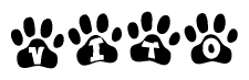 The image shows a row of animal paw prints, each containing a letter. The letters spell out the word Vito within the paw prints.