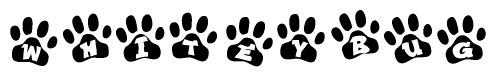 The image shows a series of animal paw prints arranged horizontally. Within each paw print, there's a letter; together they spell Whiteybug