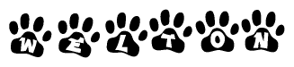 The image shows a series of animal paw prints arranged horizontally. Within each paw print, there's a letter; together they spell Welton