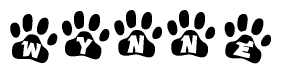 The image shows a series of animal paw prints arranged horizontally. Within each paw print, there's a letter; together they spell Wynne