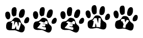 The image shows a series of animal paw prints arranged in a horizontal line. Each paw print contains a letter, and together they spell out the word Weeny.