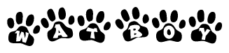 The image shows a row of animal paw prints, each containing a letter. The letters spell out the word Watboy within the paw prints.