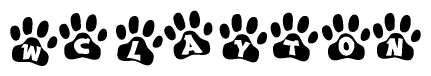 The image shows a series of animal paw prints arranged horizontally. Within each paw print, there's a letter; together they spell Wclayton