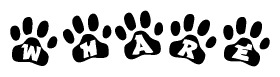 The image shows a series of animal paw prints arranged horizontally. Within each paw print, there's a letter; together they spell Whare