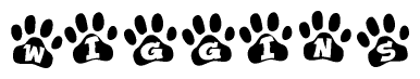 The image shows a series of animal paw prints arranged in a horizontal line. Each paw print contains a letter, and together they spell out the word Wiggins.