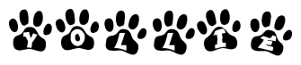 The image shows a series of animal paw prints arranged horizontally. Within each paw print, there's a letter; together they spell Yollie