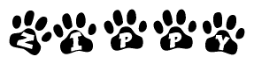 The image shows a row of animal paw prints, each containing a letter. The letters spell out the word Zippy within the paw prints.