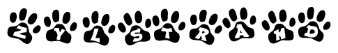 The image shows a series of animal paw prints arranged in a horizontal line. Each paw print contains a letter, and together they spell out the word Zylstrahd.