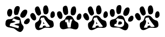 The image shows a series of animal paw prints arranged in a horizontal line. Each paw print contains a letter, and together they spell out the word Zavada.