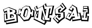 The clipart image depicts the word Bonsai in a style reminiscent of graffiti. The letters are drawn in a bold, block-like script with sharp angles and a three-dimensional appearance.
