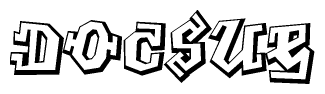 The clipart image depicts the word Docsue in a style reminiscent of graffiti. The letters are drawn in a bold, block-like script with sharp angles and a three-dimensional appearance.