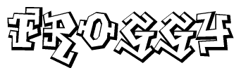 The image is a stylized representation of the letters Froggy designed to mimic the look of graffiti text. The letters are bold and have a three-dimensional appearance, with emphasis on angles and shadowing effects.