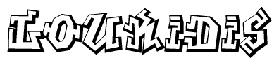 The clipart image depicts the word Loukidis in a style reminiscent of graffiti. The letters are drawn in a bold, block-like script with sharp angles and a three-dimensional appearance.