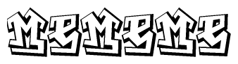 The image is a stylized representation of the letters Mememe designed to mimic the look of graffiti text. The letters are bold and have a three-dimensional appearance, with emphasis on angles and shadowing effects.