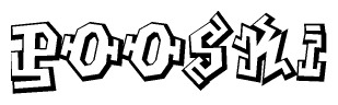 The clipart image depicts the word Pooski in a style reminiscent of graffiti. The letters are drawn in a bold, block-like script with sharp angles and a three-dimensional appearance.