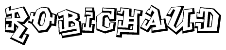 The image is a stylized representation of the letters Robichaud designed to mimic the look of graffiti text. The letters are bold and have a three-dimensional appearance, with emphasis on angles and shadowing effects.