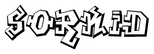 The clipart image depicts the word Sorkid in a style reminiscent of graffiti. The letters are drawn in a bold, block-like script with sharp angles and a three-dimensional appearance.