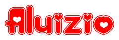 The image is a red and white graphic with the word Aluizio written in a decorative script. Each letter in  is contained within its own outlined bubble-like shape. Inside each letter, there is a white heart symbol.