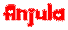The image is a clipart featuring the word Anjula written in a stylized font with a heart shape replacing inserted into the center of each letter. The color scheme of the text and hearts is red with a light outline.