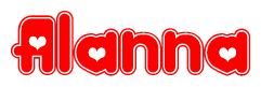 The image is a clipart featuring the word Alanna written in a stylized font with a heart shape replacing inserted into the center of each letter. The color scheme of the text and hearts is red with a light outline.